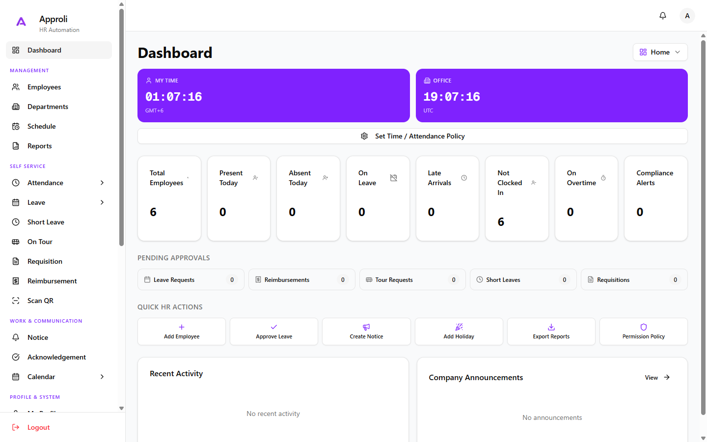 The Approli dashboard, showing today's attendance, pending approvals and quick HR actions