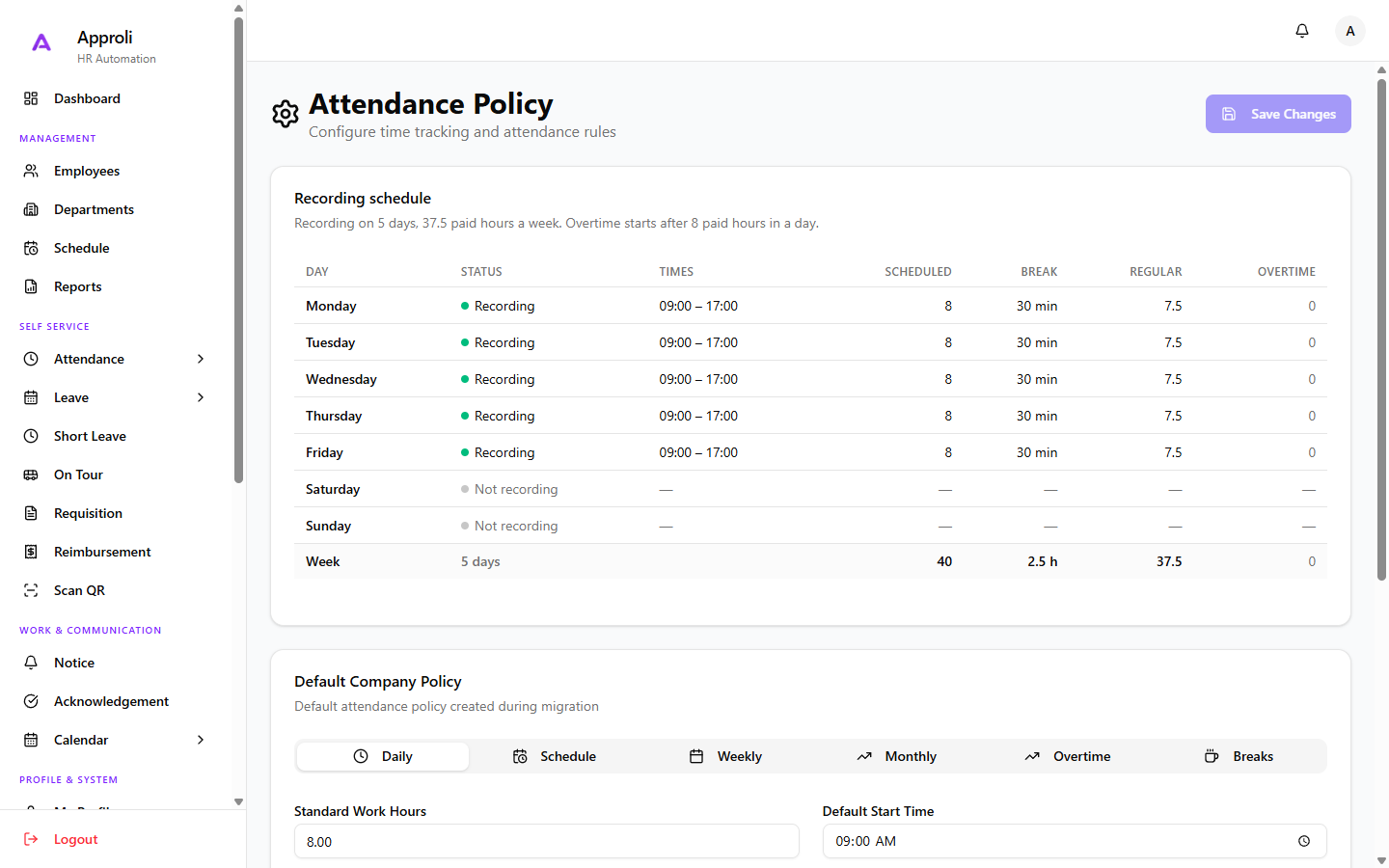 Attendance policy settings, showing the recording schedule for each day