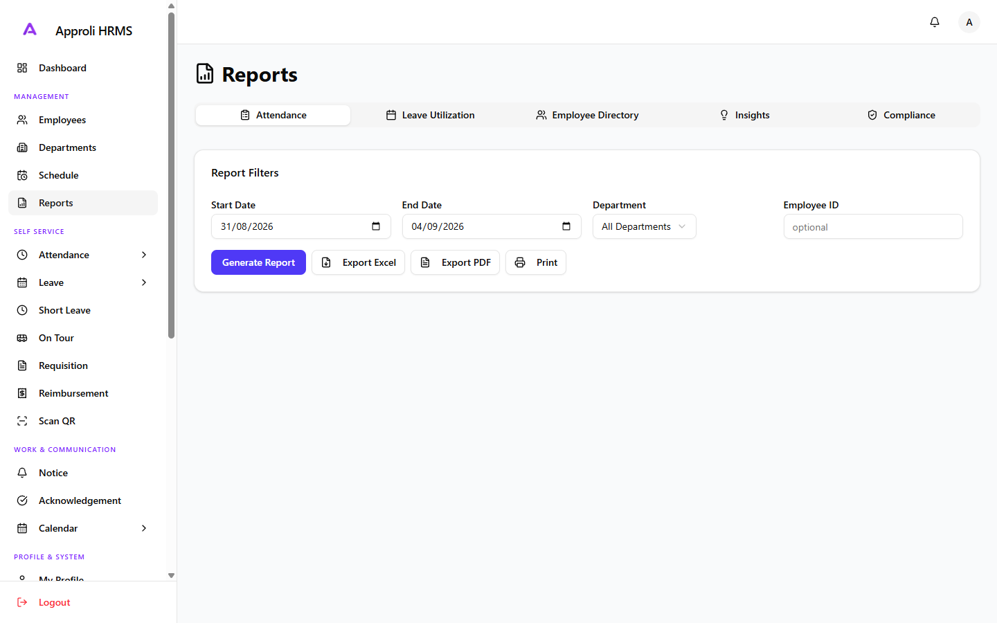The reports screen, showing attendance and leave reporting